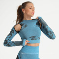 Top Running Fitness Women Camo Mesh Custom Logo Long Sleeve Seamless Sports Yoga Top
